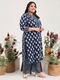 Women Plus Size Indigo Printed Pure Cotton Kurta with Palazzo