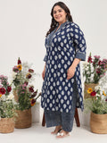 Women Plus Size Indigo Printed Pure Cotton Kurta with Palazzo