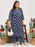 Women Plus Size Indigo Printed Pure Cotton Kurta with Palazzo