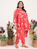 Women Plus Size Cotton Satin Red Asymmetrical Top with Trouser Co-ord Set