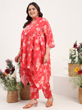 Women Plus Size Cotton Satin Red Asymmetrical Top with Trouser Co-ord Set