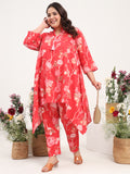Women Plus Size Cotton Satin Red Asymmetrical Top with Trouser Co-ord Set