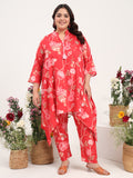 Women Plus Size Cotton Satin Red Asymmetrical Top with Trouser Co-ord Set