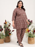 Women Plus Size Pure Cotton Brown Floral Printed Tunic with Trouser Co-ords