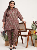 Women Plus Size Pure Cotton Brown Floral Printed Tunic with Trouser Co-ords