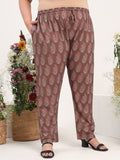 Women Plus Size Pure Cotton Brown Floral Printed Tunic with Trouser Co-ords