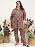Women Plus Size Pure Cotton Brown Floral Printed Tunic with Trouser Co-ords