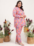 Women Plus Size Multicolor Cotton Satin Full Sleeves Tunic with Trouser Co-ord Set