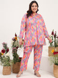 Women Plus Size Multicolor Cotton Satin Full Sleeves Tunic with Trouser Co-ord Set