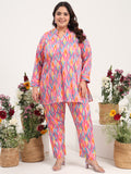 Women Plus Size Multicolor Cotton Satin Full Sleeves Tunic with Trouser Co-ord Set