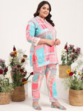 Women Plus Size Cotton Satin Abstract Printed Tunic with Trouser Co-ords