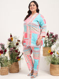 Women Plus Size Cotton Satin Abstract Printed Tunic with Trouser Co-ords