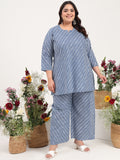 Women Plus Size Pure Cotton Blue Striped Tunic with Palazzo Co-ord Set