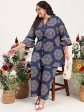 Women Plus Size Pure Cotton Navy Blue Shirt with Palazzo Co-ord Set