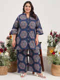 Women Plus Size Pure Cotton Navy Blue Shirt with Palazzo Co-ord Set