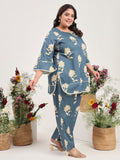 Women Plus Size Cotton Satin Grey Floral Tunic with Palazzo Co-ords