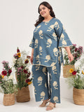 Women Plus Size Cotton Satin Grey Floral Tunic with Palazzo Co-ords