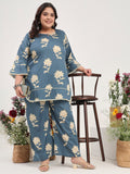 Women Plus Size Cotton Satin Grey Floral Tunic with Palazzo Co-ords