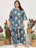 Women Plus Size Cotton Satin Grey Floral Tunic with Palazzo Co-ords