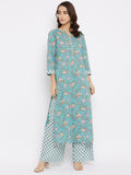 Women Cotton Sea Green Floral Printed Kurta with Palazzo