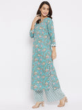 Women Cotton Sea Green Floral Printed Kurta with Palazzo