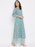 Women Cotton Sea Green Floral Printed Kurta with Palazzo