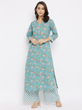Women Cotton Sea Green Floral Printed Kurta with Palazzo