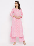 Women Cotton Pink Floral Printed Straight Kurta with Palazzo