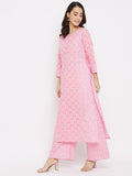 Women Cotton Pink Floral Printed Straight Kurta with Palazzo