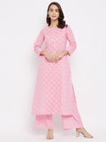 Women Cotton Pink Floral Printed Straight Kurta with Palazzo