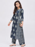 Women Pure Cotton Indigo Blue Printed Kurta with Palazzo