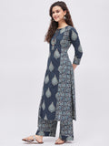 Women Pure Cotton Indigo Blue Printed Kurta with Palazzo