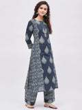 Women Pure Cotton Indigo Blue Printed Kurta with Palazzo