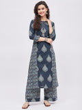 Women Pure Cotton Indigo Blue Printed Kurta with Palazzo
