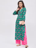 Women Dark Green & Pink Printed Kurta with Palazzo