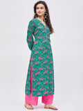 Women Dark Green & Pink Printed Kurta with Palazzo