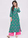 Women Dark Green & Pink Printed Kurta with Palazzo