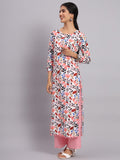 Women White & Pink Pompom Work Printed Kurta with Palazzo