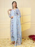 Women Sky Blue Floral Pritned Pure Cotton Kurta With Palazzo & Dupatta