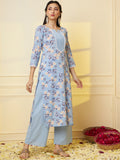 Women Sky Blue Floral Pritned Pure Cotton Kurta With Palazzo & Dupatta