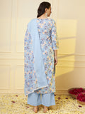 Women Sky Blue Floral Pritned Pure Cotton Kurta With Palazzo & Dupatta