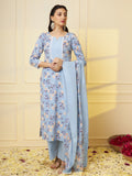 Women Sky Blue Floral Pritned Pure Cotton Kurta With Palazzo & Dupatta
