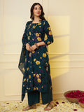 Women Rayon Dark Green Floral Printed Kurta & Palazzo With Cotton Dupatta