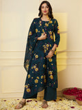 Women Rayon Dark Green Floral Printed Kurta & Palazzo With Cotton Dupatta