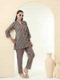 Women Pure Cotton Brown Strip Printed Shirt with Pyjama Co-Ord Set