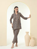 Women Pure Cotton Brown Strip Printed Shirt with Pyjama Co-Ord Set