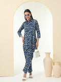 Women Pure Cotton Navy Blue Printed Shirt with Palazzo Co-Ord Set
