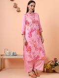 Women Cotton Satin Pink Floral Printed Kurta with Palazzo