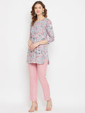 Women Grey & Pink Floral Printed Straight Kurti