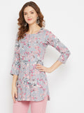 Women Grey & Pink Floral Printed Straight Kurti